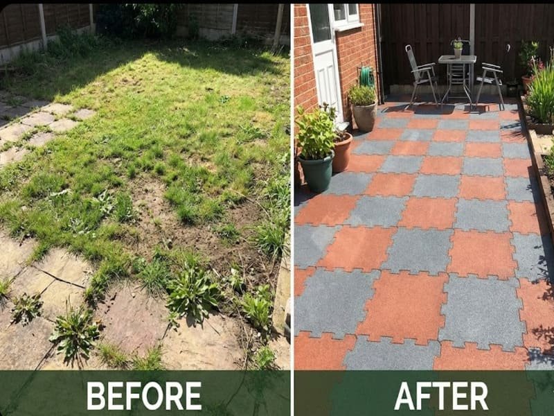 Close-up of cutting rubber tiles with utility knife and soapy water